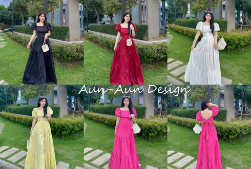 Square Neckline Puff Sleeves Flounce Long Dress